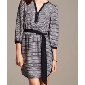 Banana Republic Navy Blue White Chain Link Lined Tie Belt Shirt Dress Size 6 EUC